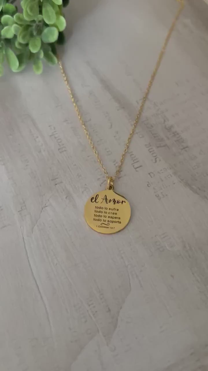 Love Never Fails Gold Necklace in Spanish, El Amor, Christian Jewelry Gifts, Scripture Necklace, Bible Verse Jewelry, Gift for Her