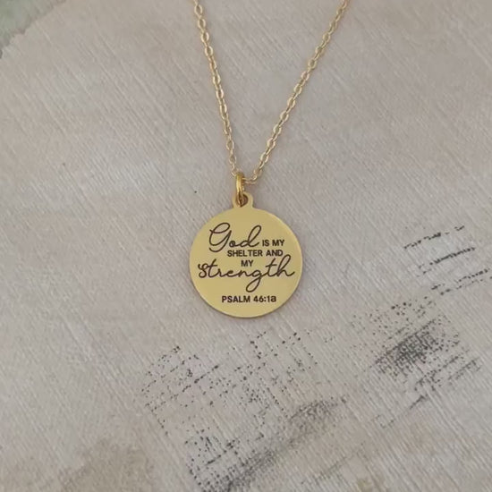 God is My Shelter and my Strength Bible Verse Necklace, Psalm 46:1, Christian Jewelry Gifts, Scripture Pendant Charms, 16K Gold Plated