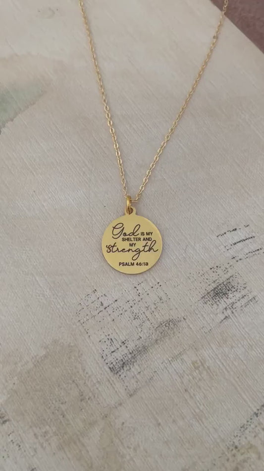 God is My Shelter and my Strength Bible Verse Necklace, Psalm 46:1, Christian Jewelry Gifts, Scripture Pendant Charms, 16K Gold Plated