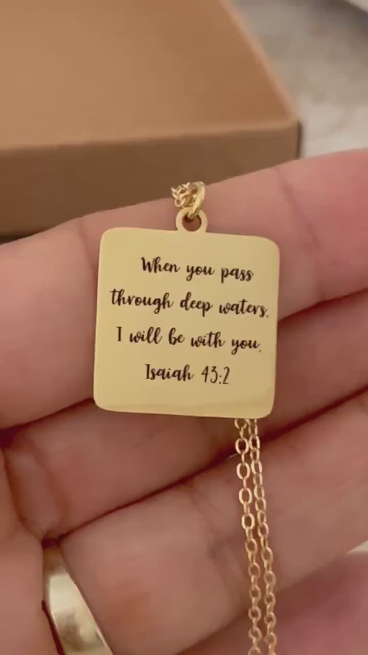 When You Go Through Deep Waters Necklace, Isaiah 43:2 Christian Necklace, Faith Jewelry Gift for Her, Encouragement Gift, Bible Verse Charm