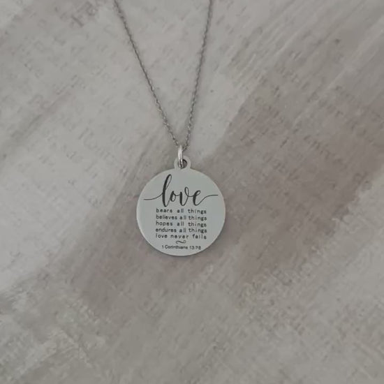 Love Never Fails Necklace: Christian Scripture Stainless Steel Pendant