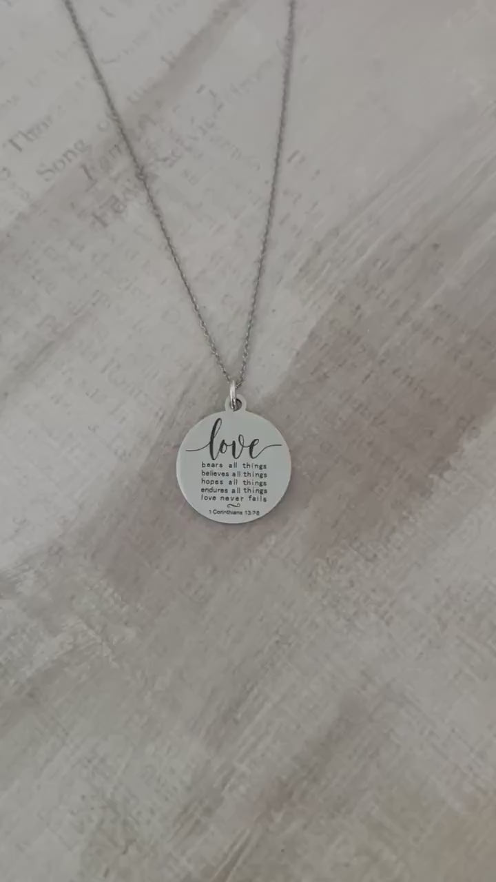 Love Never Fails Necklace: Christian Scripture Stainless Steel Pendant