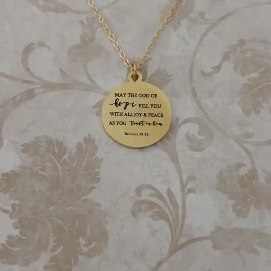 Personalized Gold Scripture Necklace, Romans 15:13 May The God of hope