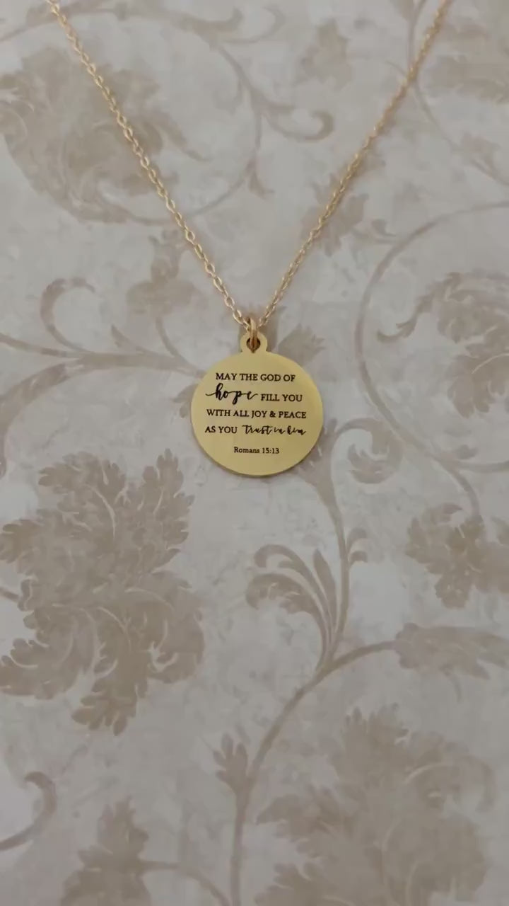 Personalized Gold Scripture Necklace, Romans 15:13 May The God of hope