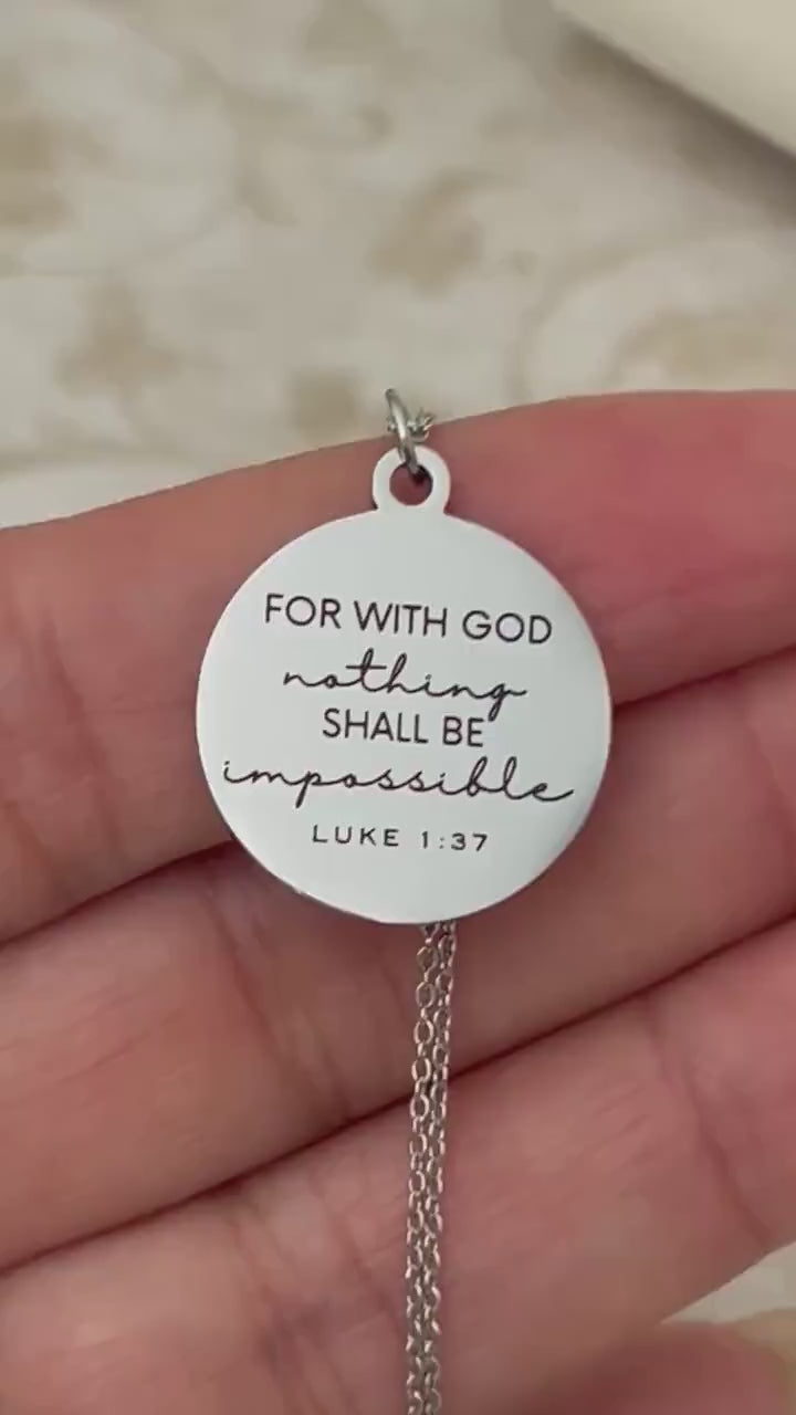 Luke 1:37 Necklace – “For With God Nothing Shall Be Impossible” Bible Verse Pendant | Christian Faith Jewelry Gift