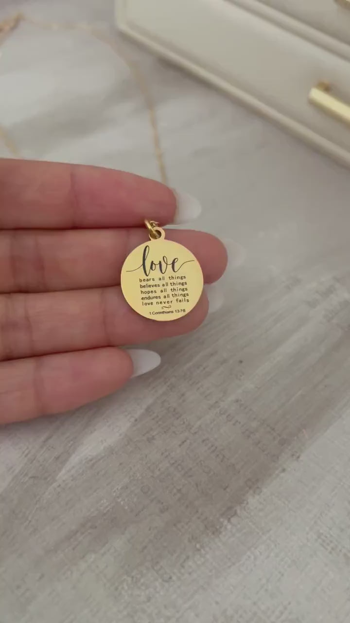 Love Never Fails 1 Corinthians 13:7-8 , Bridal Gift for Bride, Bridesmaid Gift, Christian Wedding Jewelry, Faith Gift Wedding Gift Necklace