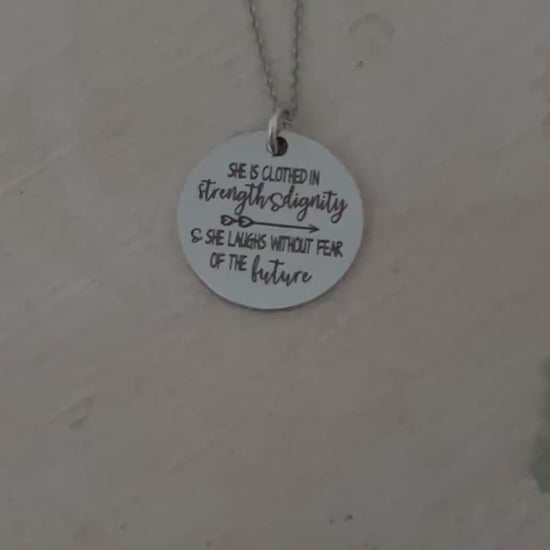 She is clothed in strength and Dignity Proverbs 31 Necklace, Christian Women gift, Engraved Quote Necklace, Scripture Jewelry, Birthday Gift