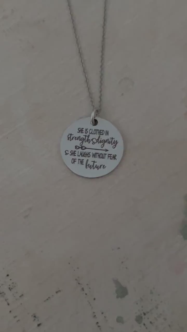 She is clothed in strength and Dignity Proverbs 31 Necklace, Christian Women gift, Engraved Quote Necklace, Scripture Jewelry, Birthday Gift