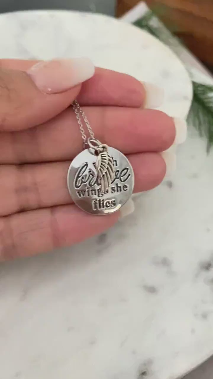 With Brave Wings She Flies Angel Wing Inspirational Necklace, Inspirational Quote Necklace, Graduation Gift, Brave Charm