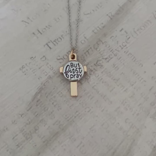 Pray Silver Cross Necklace, Christian Gifts, But First Pray Pendant Charm, Baptism Gift, Easter, Bible Verse Jewelry, Scripture Necklace