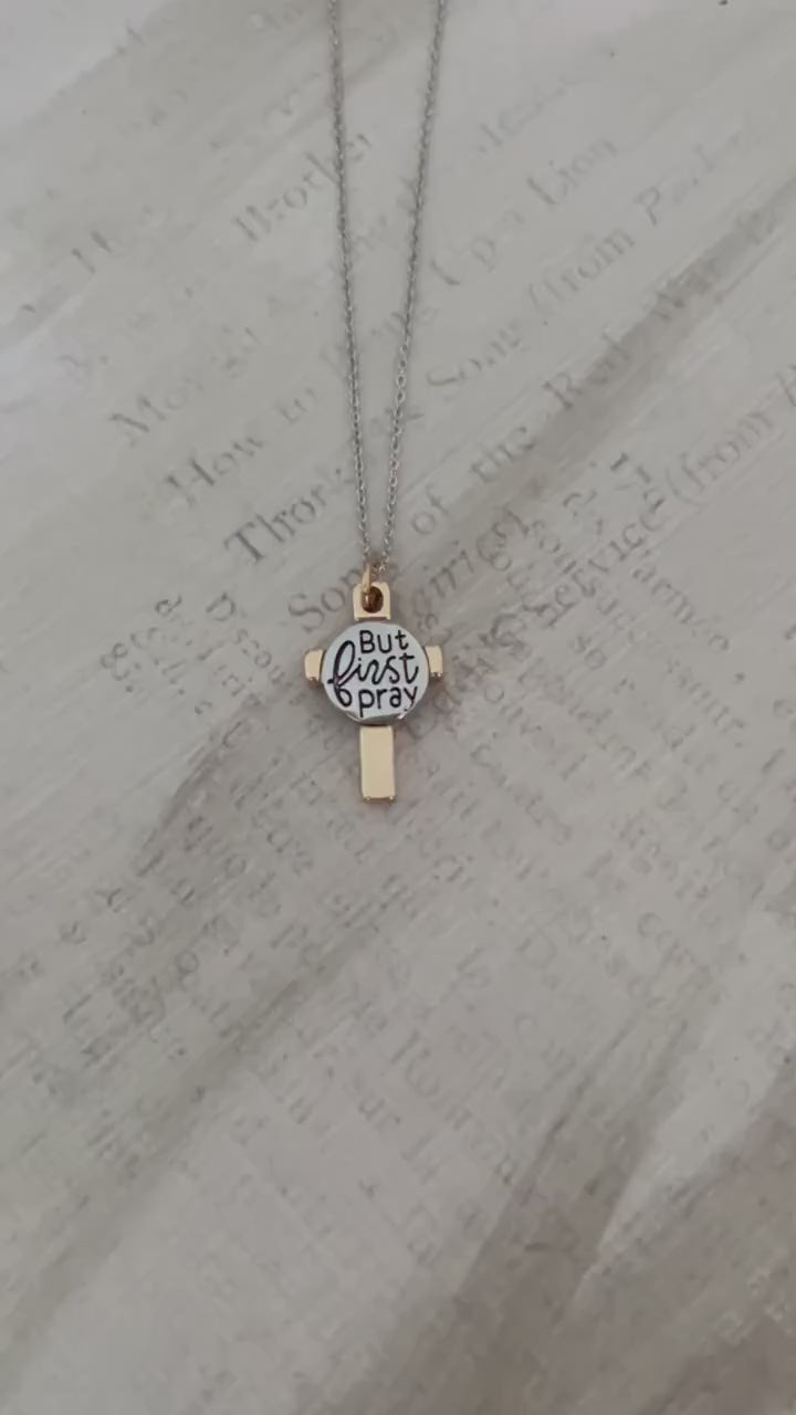 Pray Silver Cross Necklace, Christian Gifts, But First Pray Pendant Charm, Baptism Gift, Easter, Bible Verse Jewelry, Scripture Necklace