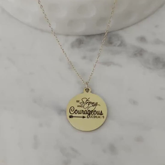 Be Strong And Courageous Disc Gold Necklace, Bible Verse Charms, Christian Gifts, Scripture Jewelry, Faith Baptism Necklace, Joshua 1:9