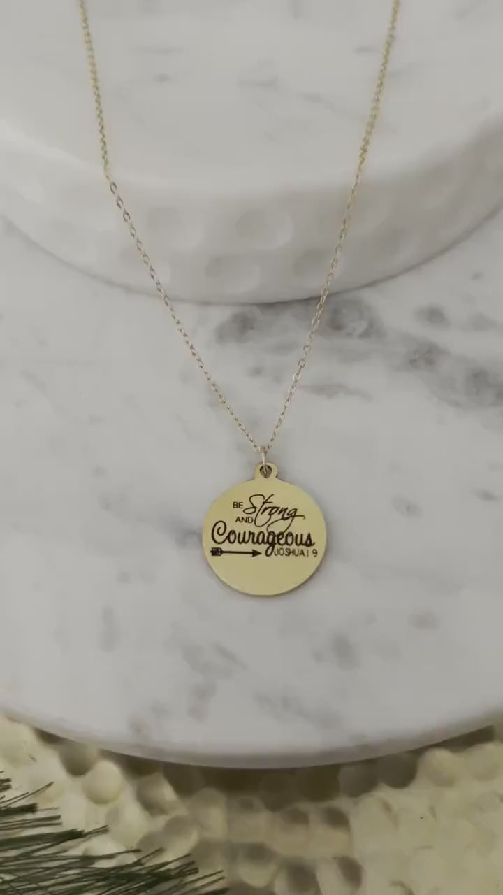 Be Strong And Courageous Disc Gold Necklace, Bible Verse Charms, Christian Gifts, Scripture Jewelry, Faith Baptism Necklace, Joshua 1:9