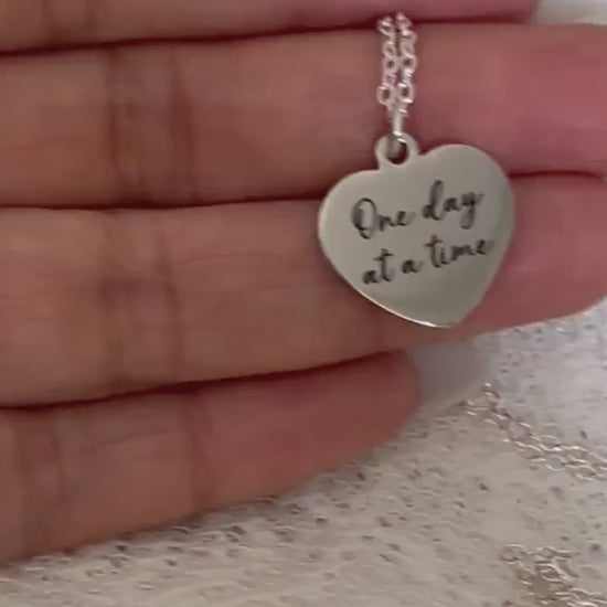 One Day at a time Silver Heart Necklace, Motivational Gifts, Meaningful Gifts, Mental Health Jewelry, Strength Necklace, Christian Gifts