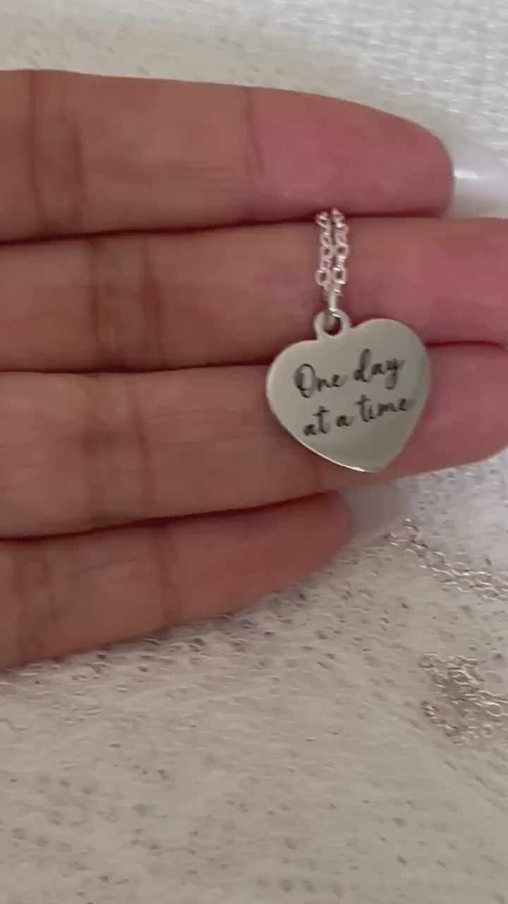 One Day at a time Silver Heart Necklace, Motivational Gifts, Meaningful Gifts, Mental Health Jewelry, Strength Necklace, Christian Gifts