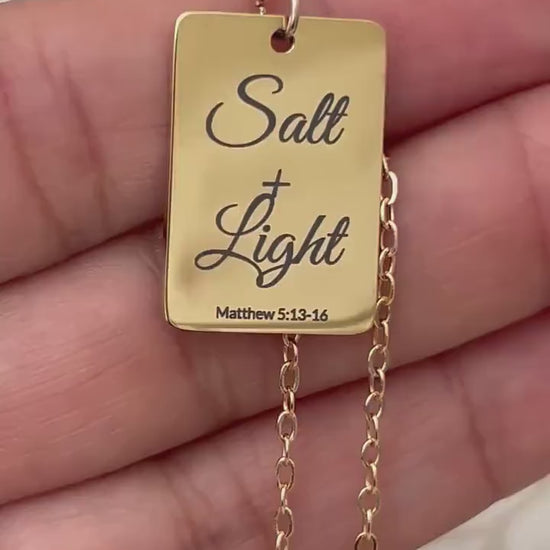 Personalized 14K Gold Plated Salt & Light Necklace: Christian Bible Verse Jewelry