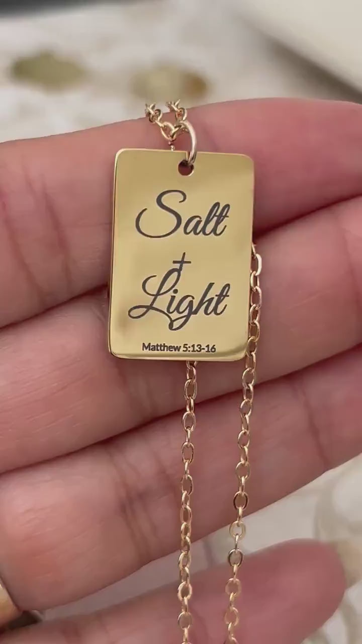 Personalized 14K Gold Plated Salt & Light Necklace: Christian Bible Verse Jewelry