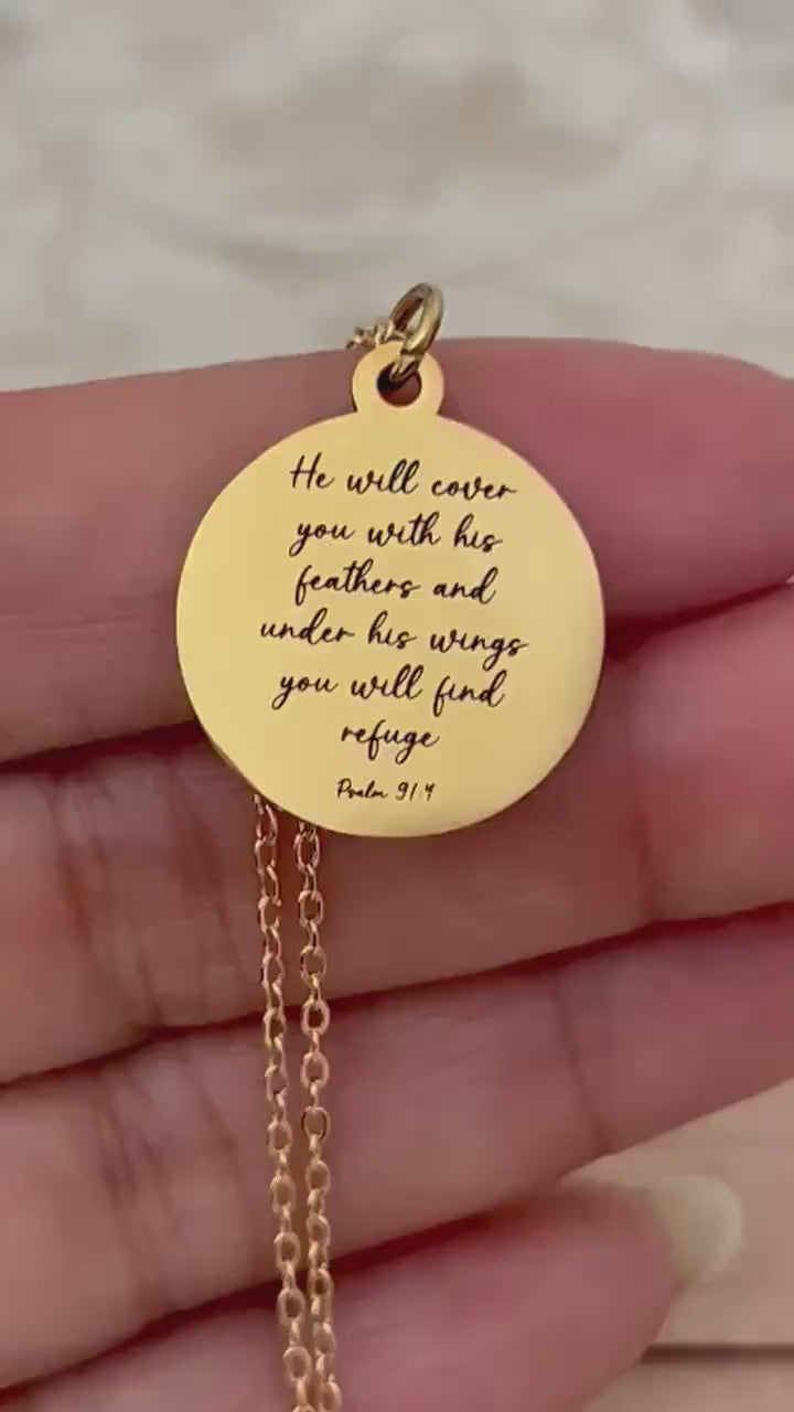 Psalm 91 Necklace He will cover you with his Feathers Christian Gifts Scripture Jewelry Motivational Gifts Prayer necklace Faith Charms