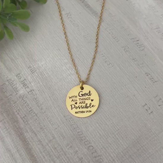 With God All Things are Possible Scripture Gold Necklace, Bible Verse Jewelry, Christian Gifts, Mathew 19:26, Baptism Gift, Scripture Charms