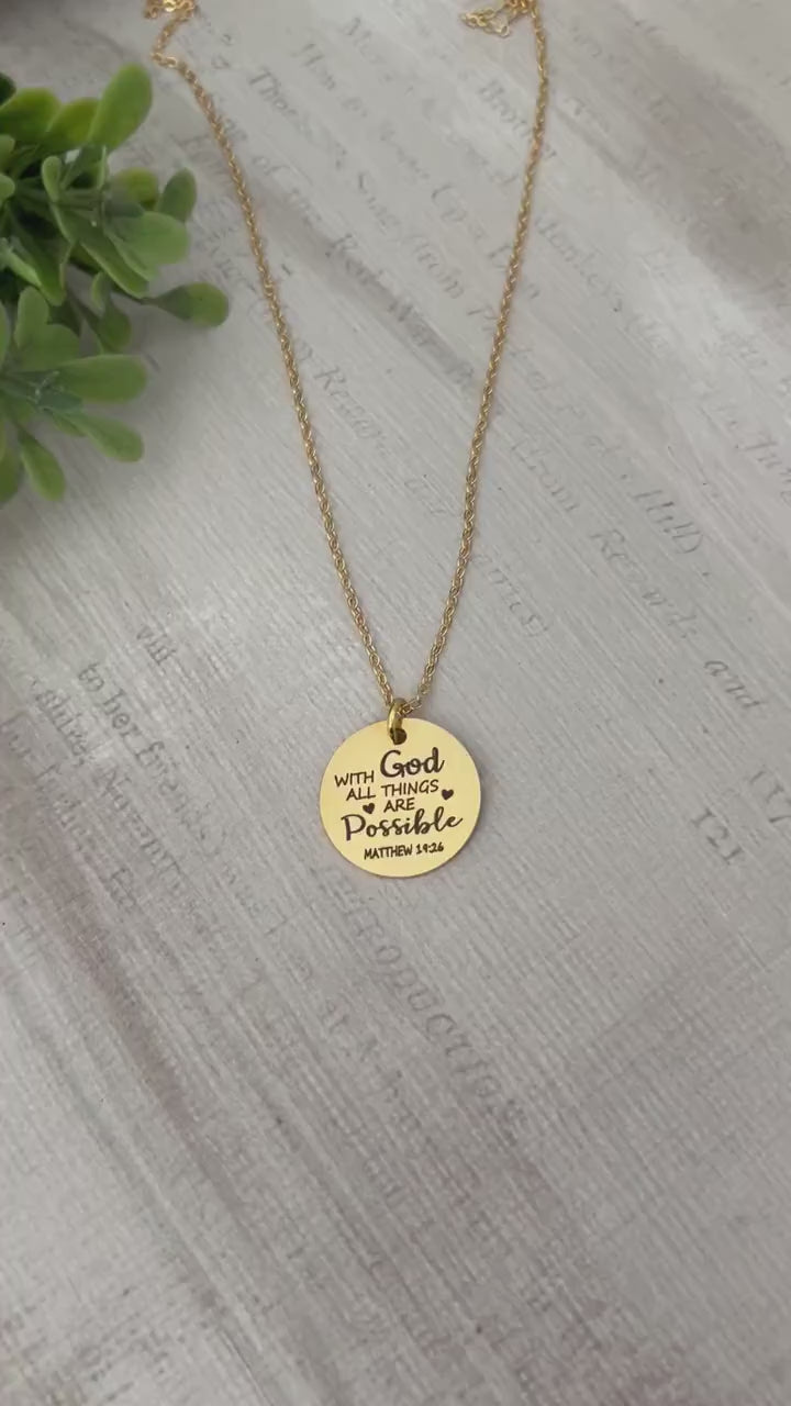 With God All Things are Possible Scripture Gold Necklace, Bible Verse Jewelry, Christian Gifts, Mathew 19:26, Baptism Gift, Scripture Charms