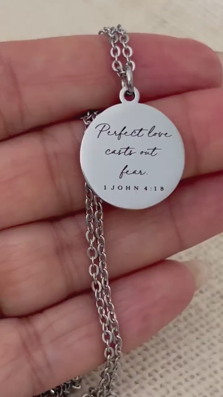 Perfect Love Casts out fear Bible Verse Gold Necklace, Christian Gift, Scripture Jewelry, Personalized Necklace 1 John 4:18