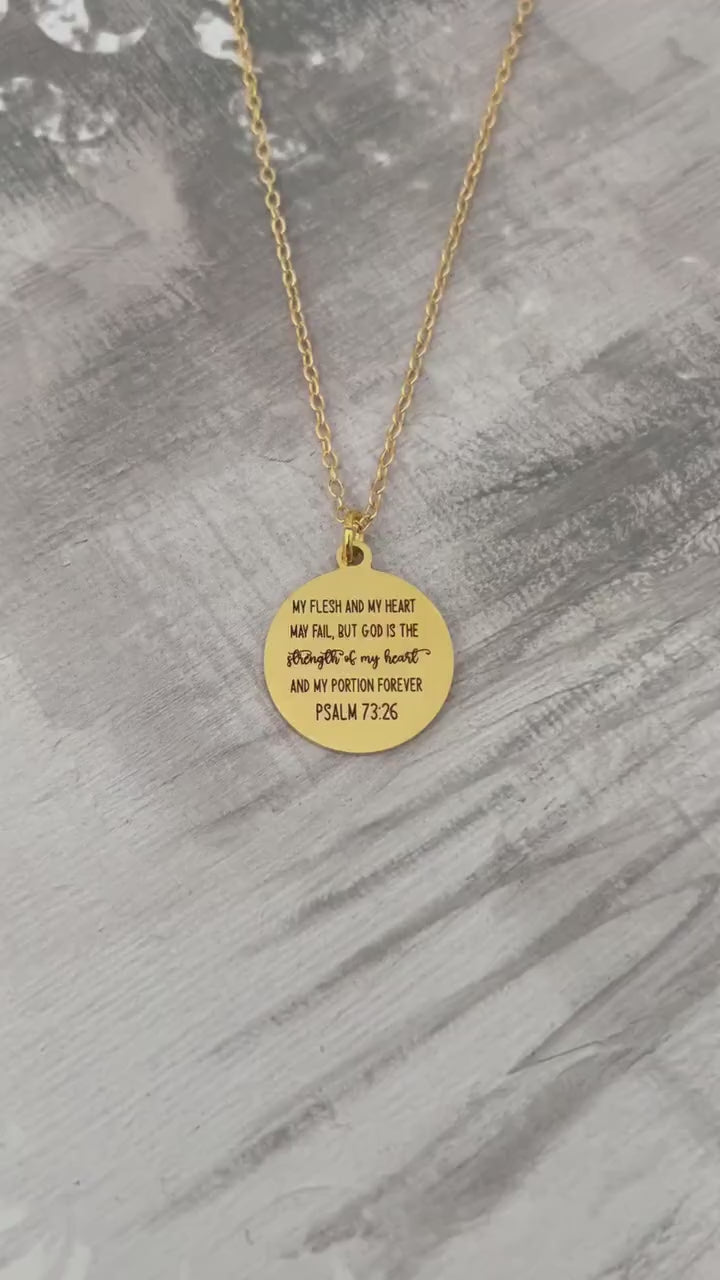 Psalm 73:26 Gold Disc Necklace, Christian Scripture Jewelry