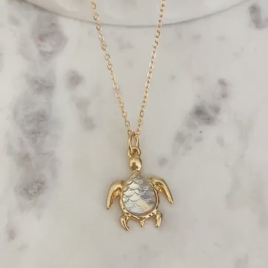 Dainty Gold Sea Turtle Necklace, Iridescent Pendant, Beach Gifts, Turtle Jewelry, Sea Ocean Charms, Turtle Lovers Gift