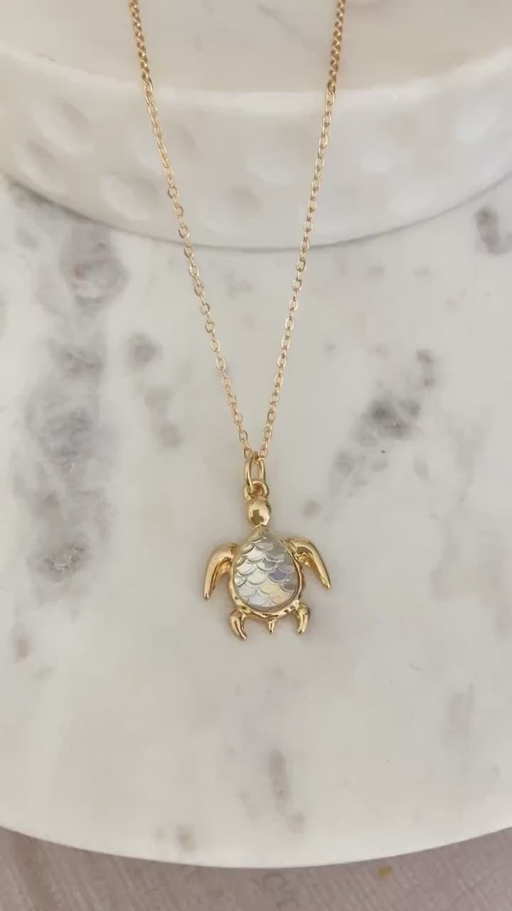 Dainty Gold Sea Turtle Necklace, Iridescent Pendant, Beach Gifts, Turtle Jewelry, Sea Ocean Charms, Turtle Lovers Gift