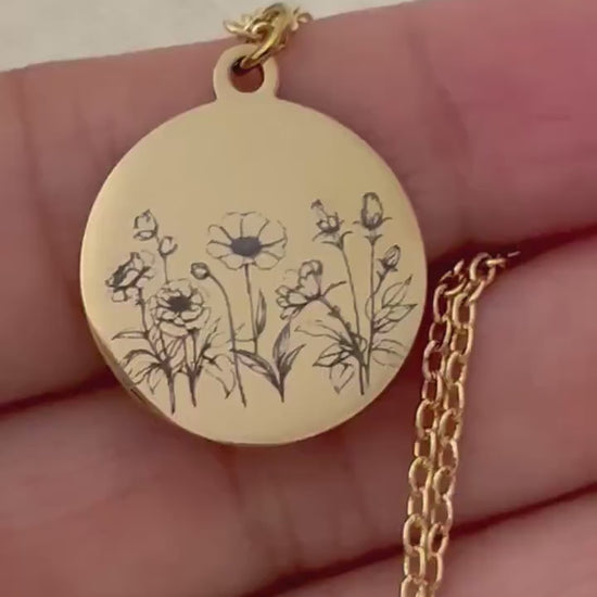 Personalized Engraved Flower Necklace, 14K Gold Plated or Stainless Steel, Birthday Gift for Her, Flower Bouquet Necklace
