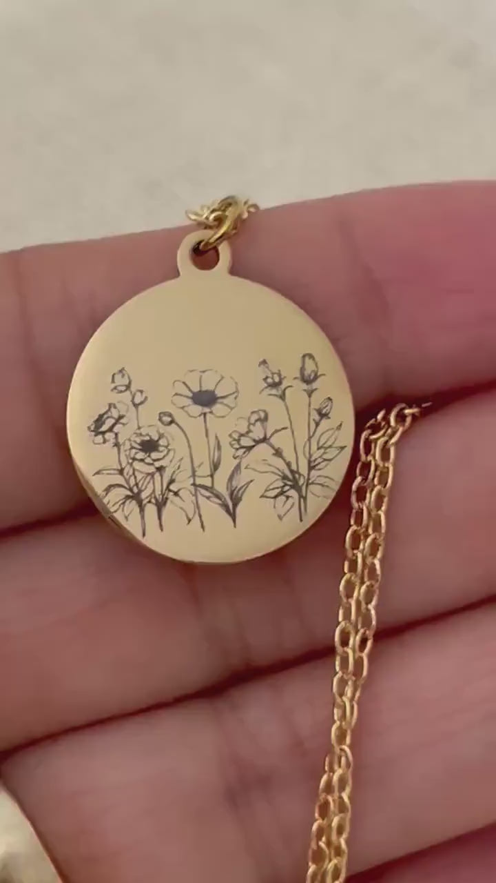 Personalized Engraved Flower Necklace, 14K Gold Plated or Stainless Steel, Birthday Gift for Her, Flower Bouquet Necklace