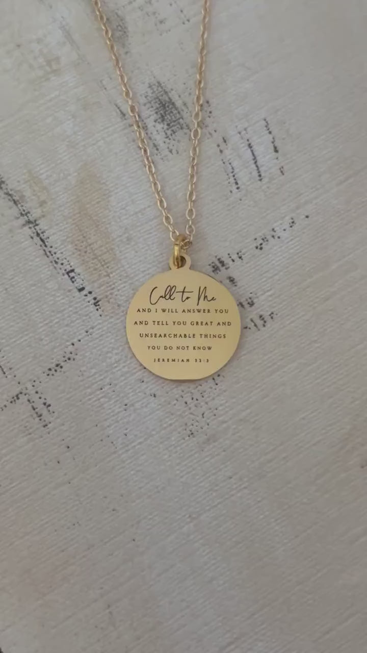Jeremiah 33:3 Bible Verse Necklace, Call to me and I will Answer You, Christian Gifts, Religious Faith Jewelry, Gold Charm Necklace, Baptism